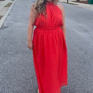 Elegant Red/Orange Halter Dress